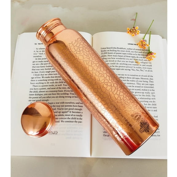 Indian Art Villa Handcrafted Copper Water Bottle with Floral Vines Embossed Design, Drinkware – 30.43