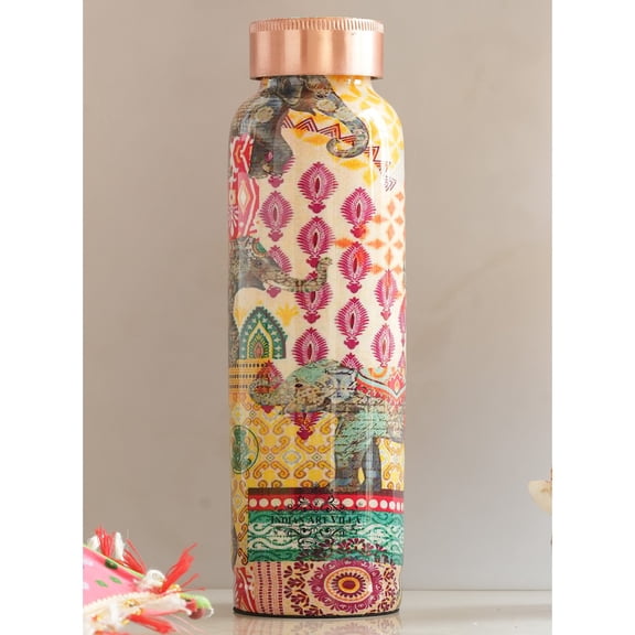 Indian Art Villa Rajasthani Meena "Padharo Mhare Desh" Printed Theme Copper Bottle - 30 oz, Multicolor, Durable Copper Drinkware
