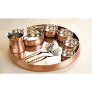 Indian Art Villa S/C Curve Thali Set - 9 Pieces with 1 Thali, 3 Bowls, 1 Dessert Spoon, 1 Dessert Fork, 1 Small Plate, 1 Glass, 1 Small Chatni Bowl, Hammer Antique Finish Pack of 1 Dinner Set