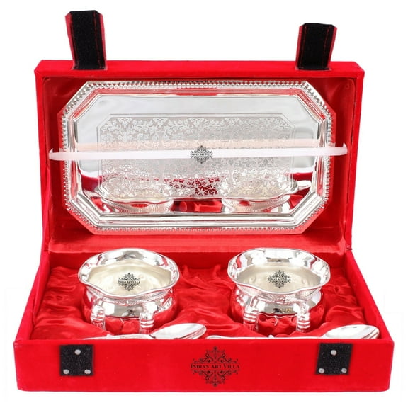 Indian Art Villa Silver-Plated Bowl and Spoon Set - Elegant 2 Bowl, 2 Spoon, 1 Tray Combo with Luxurious Red Gift Box