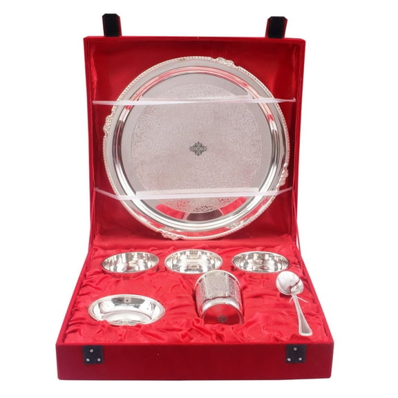 Indian Art Villa Silver Plated Embossed Design Dinner Set - 7 Pieces, Serveware