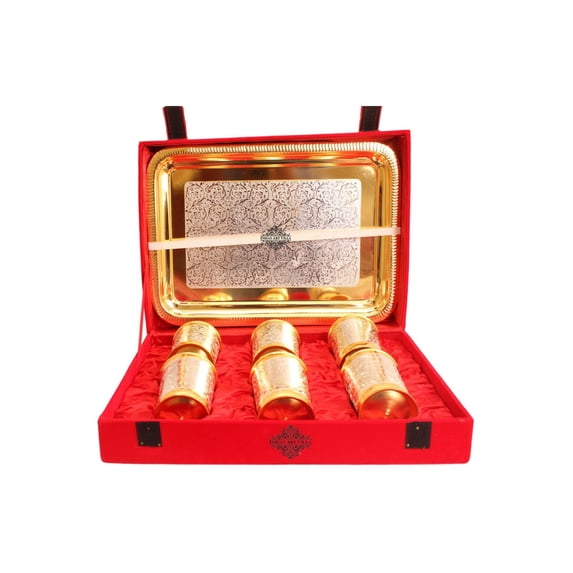 Indian Art Villa Silver-Plated Glass & Tray Set, 7-Piece, Red Velvet Box, Gold Accents