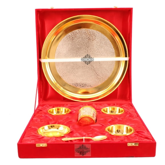 Indian Art Villa Silver Plated Gold Polished Dinner Set - 7 Pieces with Bowls, Plate & Spoon in Red Velvet Box, Tableware - (Pack of 1 Dinner Set)