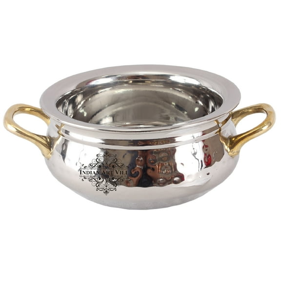 Indian Art Villa Stainless Steel Serving Hammered Handi, with Brass Handle, Premium Tableware 5.3"