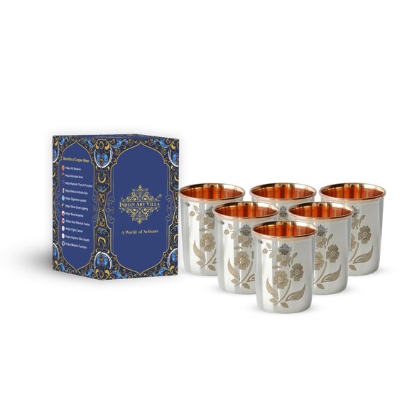 Indian Art Villa Steel Copper Glass Tumbler - Engraved Floral, 10.1 oz (Set of 6)