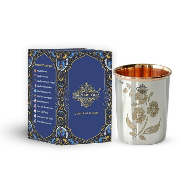 Indian Art Villa Steel Copper Glass Tumbler - Engraved Floral, 10.1 oz