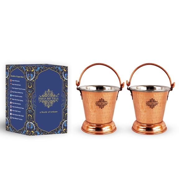 Indian Art Villa Steel Copper Serving Bucket, Hammered Design - 10 OZ, Tableware, 2 Pieces