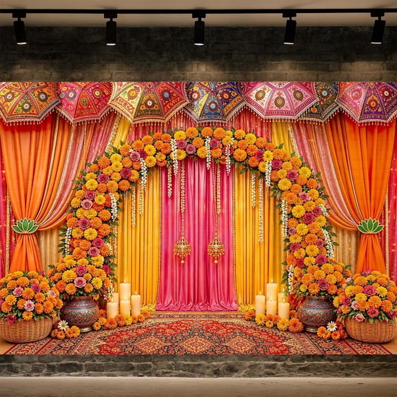 Indian Backdrop, Floral Arch Banner, for Ceremony Wedding Party Decor,5X3FT