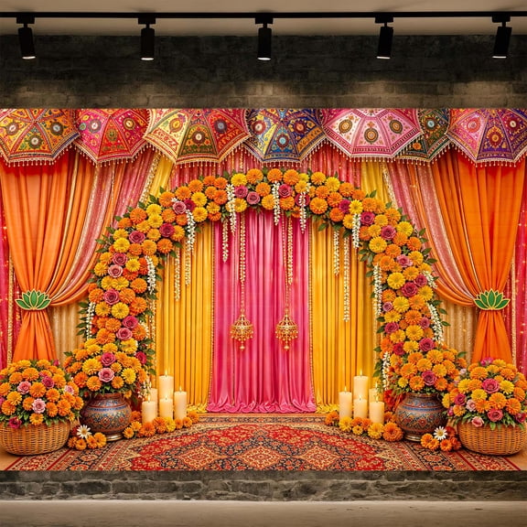 Indian Backdrop, Floral Arch Banner, for Ceremony Wedding Party Decor,7x5FT