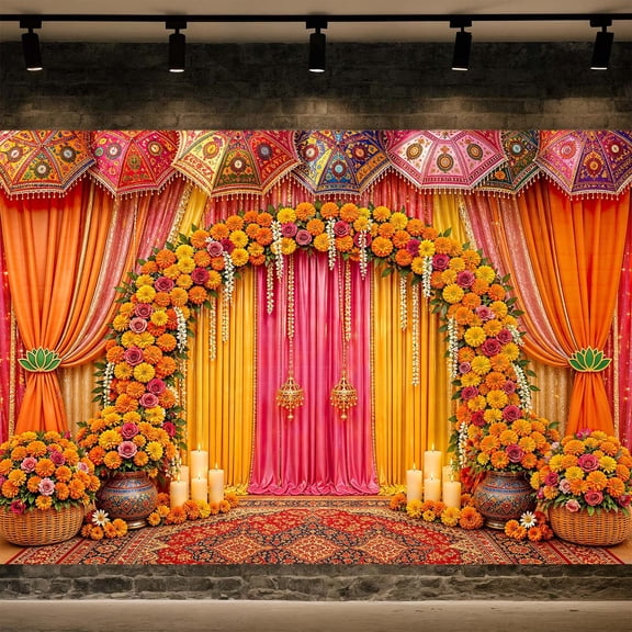 Indian Backdrop, Floral Arch Banner, for Ceremony Wedding Party Decor,7x5FT
