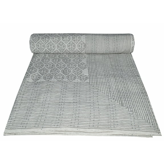 Indian Beautiful Kantha Quilt Hand Block Print Vintage Kantha Throw Blanket Bedspread Boho Queen Size Cotton Hand Block Print