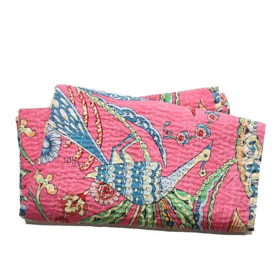Indian Beautiful Kantha Quilt Traditional Vintage Kantha Throw Blanket Bedspread Hand Block Print Queen Size Cotton Pink Bird Print