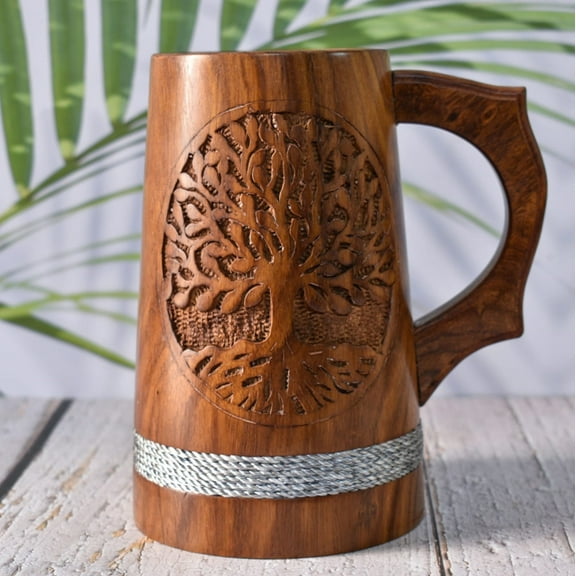 Indian Beer Mug for him-Viking Style 22 OZ Wooden Beer Mug- Drinking Beer Mug Natural Hardwood - Wedding & Birthday Gifts for Him (one Wood Beer Mug)- 7 inch