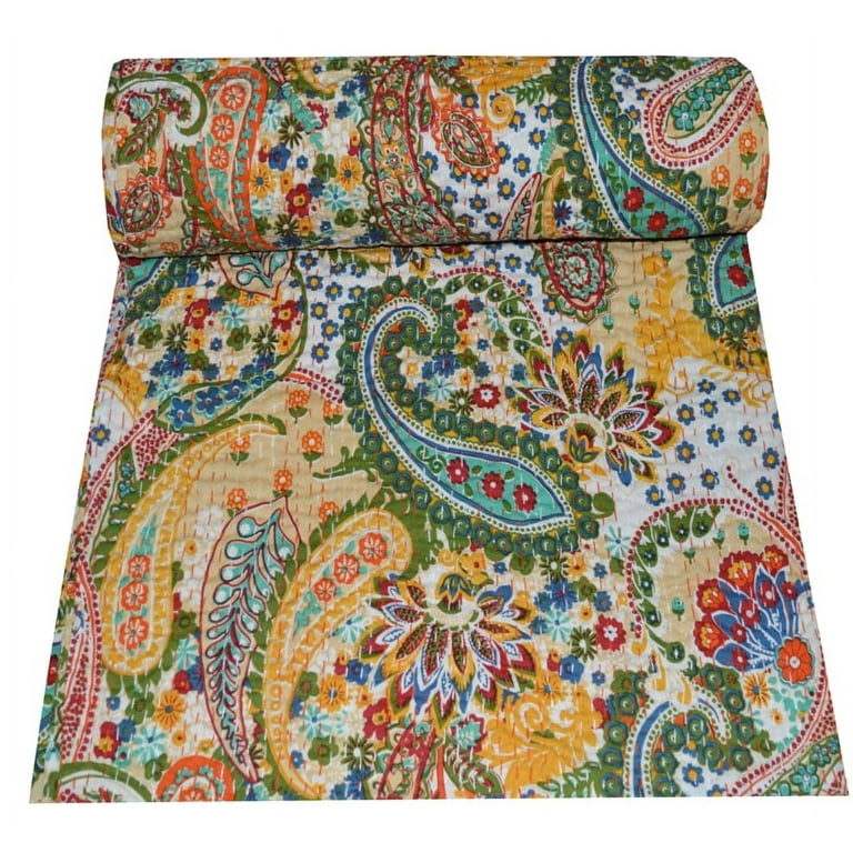 Orange Paisley Hand Block Printed Cotton Kantha Throw - Double bed Size Orange Paisley Hand Block Printed Cotton Kantha Throw - Double bed Size