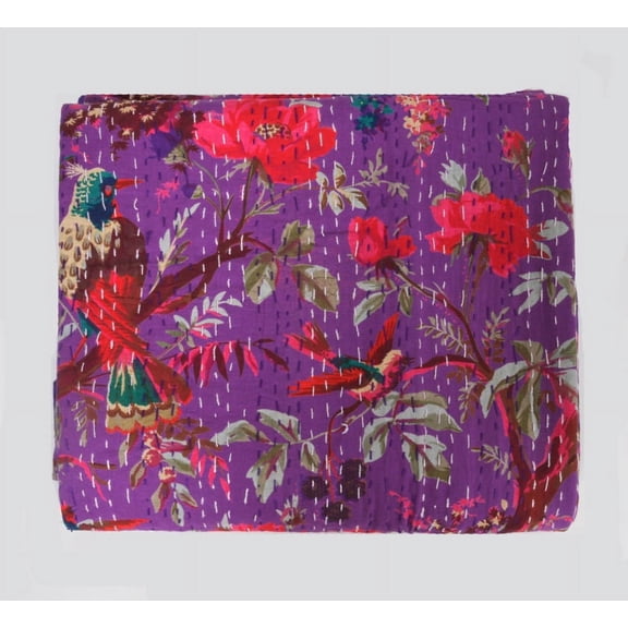 Indian Bird Print Kantha Quilt Kantha Bedspread Kantha Blanket Cotton Throw Handmade Quilt Single Size Quilt Bedding