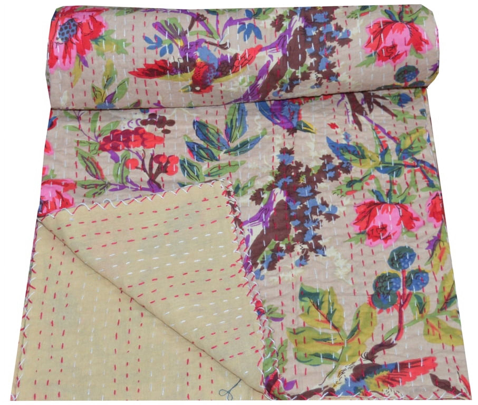 Indian Bird Print Quilt Queen Kantha Quilt Bedspread Cotton Blanket Bed Cover Bohemian Quilt Kantha Quilt Queen Size Bedding