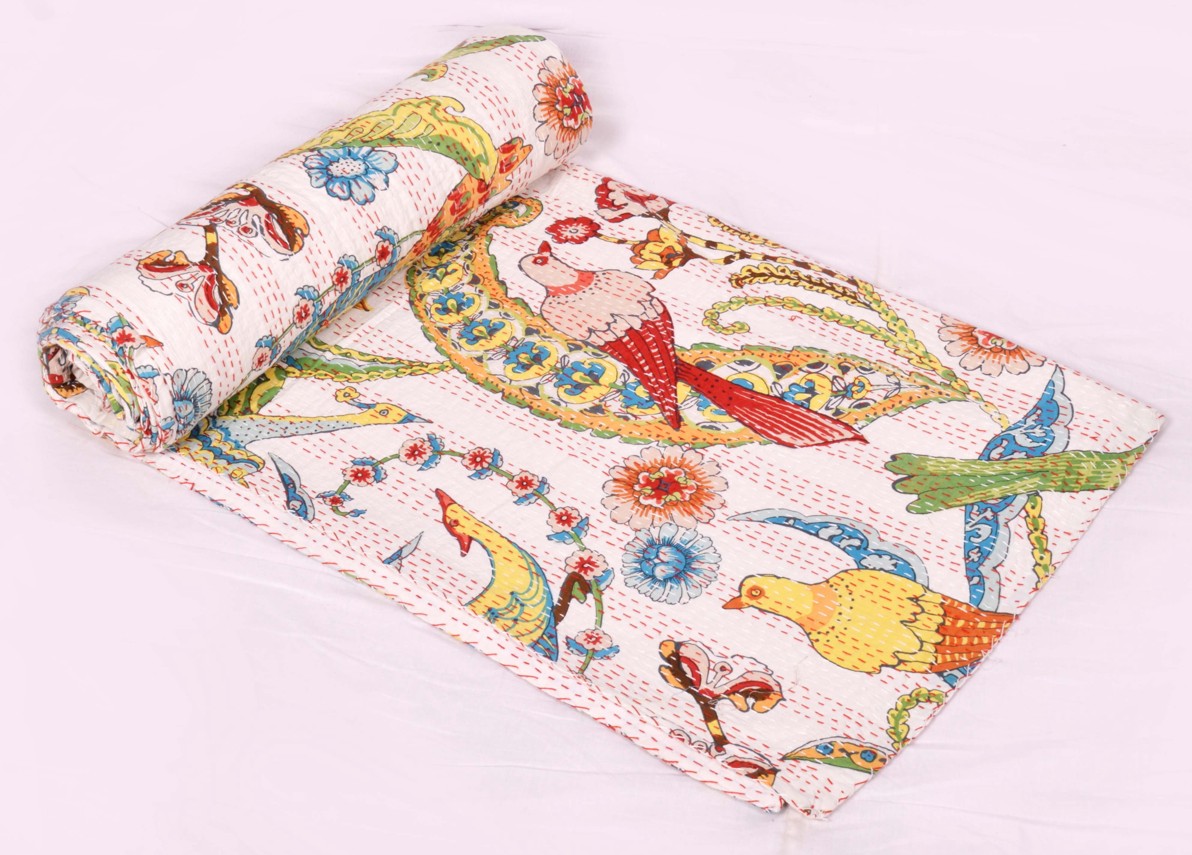 Indian Bird Print Quilt Queen Kantha Quilt White Quilt Kantha Bedspread Cotton Blanket Bed Cover Bohemian Quilt Kantha Quilt Queen Quilts