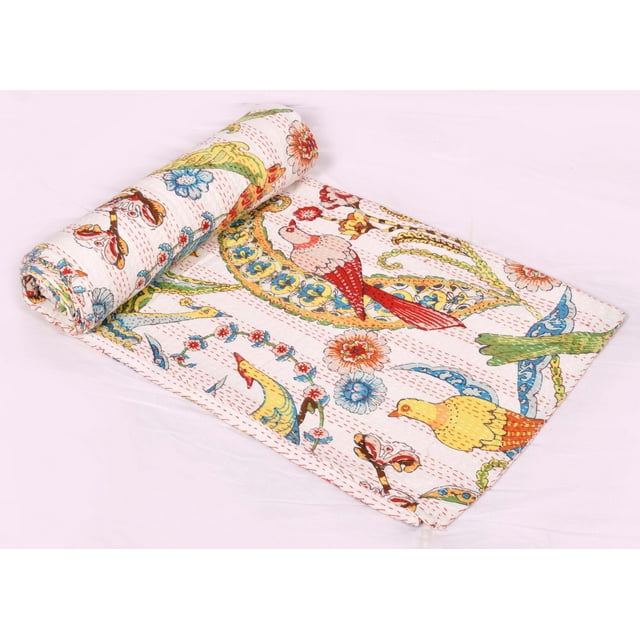 Indian Bird Print Quilt Queen Kantha Quilt White Quilt Kantha Bedspread Cotton Blanket Bed Cover
