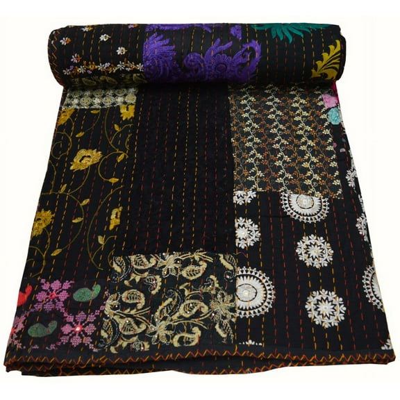 Indian Black Queen Size Patchwork Kantha Blanket Handmade Large Bedding Bedspread Throw Blanket Bohemian Hand Stitched Silk Kantha Quilts Black Patches