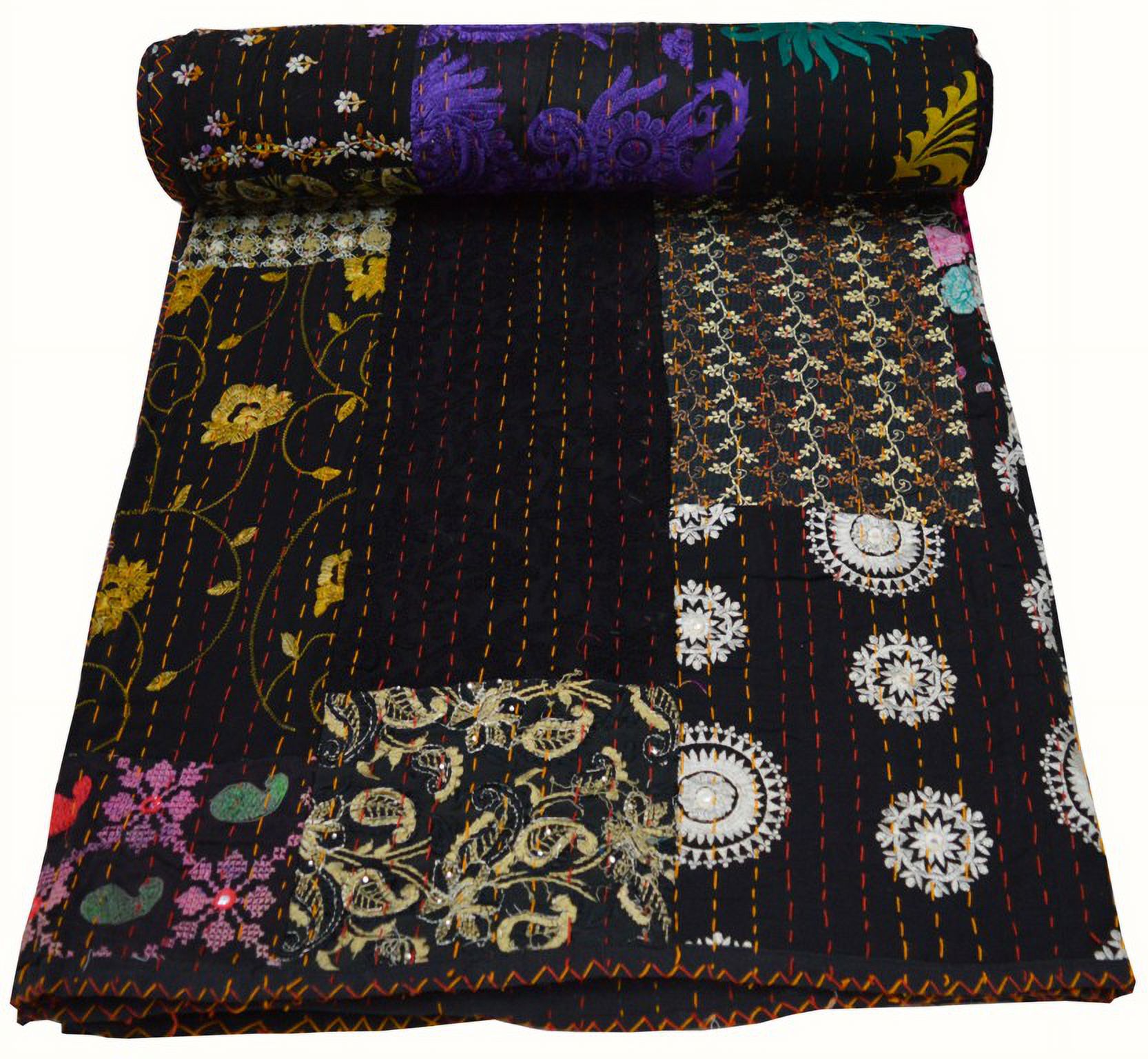 Yuvancrafts Indian Handmade Pacthwork Kantha Quilt Queen Size Multi Color Kantha Bedspread Throw