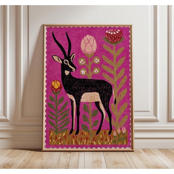 Indian Blackbuck Folk Style Animal Vibrant Pink Tribal Nature Illustration, Unframed Canvas 8x10in