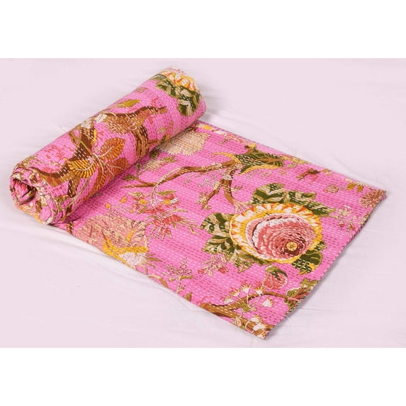 Indian Block Floral Print Queen Size Kantha Quilt Kantha Blanket Bed Cover Kantha Bedspread Bohemian Bedding Kantha Blanket (90X108 Inches) (Pink)