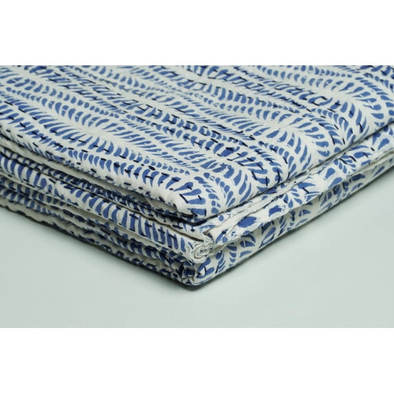 Indian Block Print Blue Wave Kantha Quilt Handmade Cotton Bedding | Scallop Pattern Bedspread