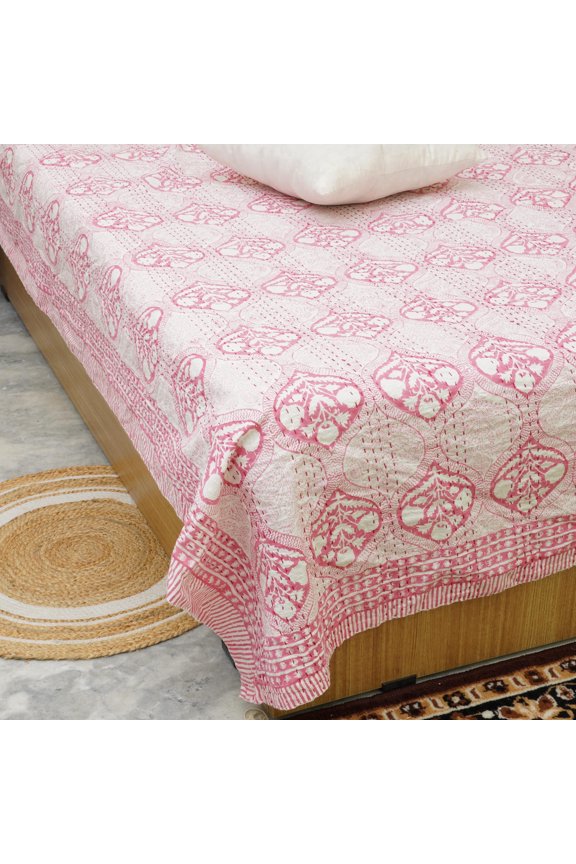 Indian Block Print Pink Mughal Boota Kantha Quilt – Pure Cotton Bedspread, Handmade Blanket for Boho Bedroom & Cozy Home Decor