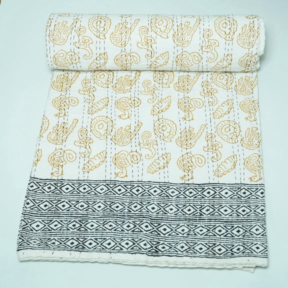 Indian Block Print Quilt – Handmade Mustard Paisley Kantha Bedspread with Black Geometric Border