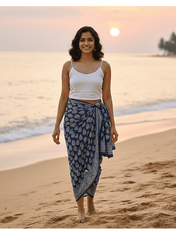 Indian Block Print Sarong, Women's Bikini Cover Pareo, Hand Dyed Scarves, Cotton Scarves & Stole, Size 44x72 Inch