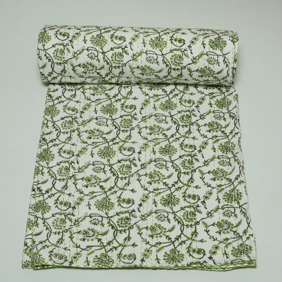 Indian Block print blanket With Green Floral â€“ Pure Cotton Lightweight Kantha Quilt, Soft Hand-Stitched Bed Throw, cozy home Decor Quilt