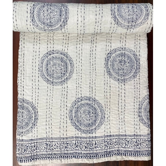 OzarkTextile Bohemian Handcrafted Textile Blue Twin 60x90 Inches Cotton Hand Stiched Weaving Quilt, Full/Queen - Breathable