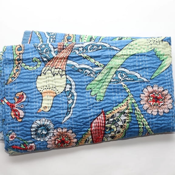 Indian Blue Bird Print Cotton Quilted Blanket Indian Handmade Bedspread Kantha Work Bohemian Bed Dcor Throw Blanket Sofa cover Vintage Quilt