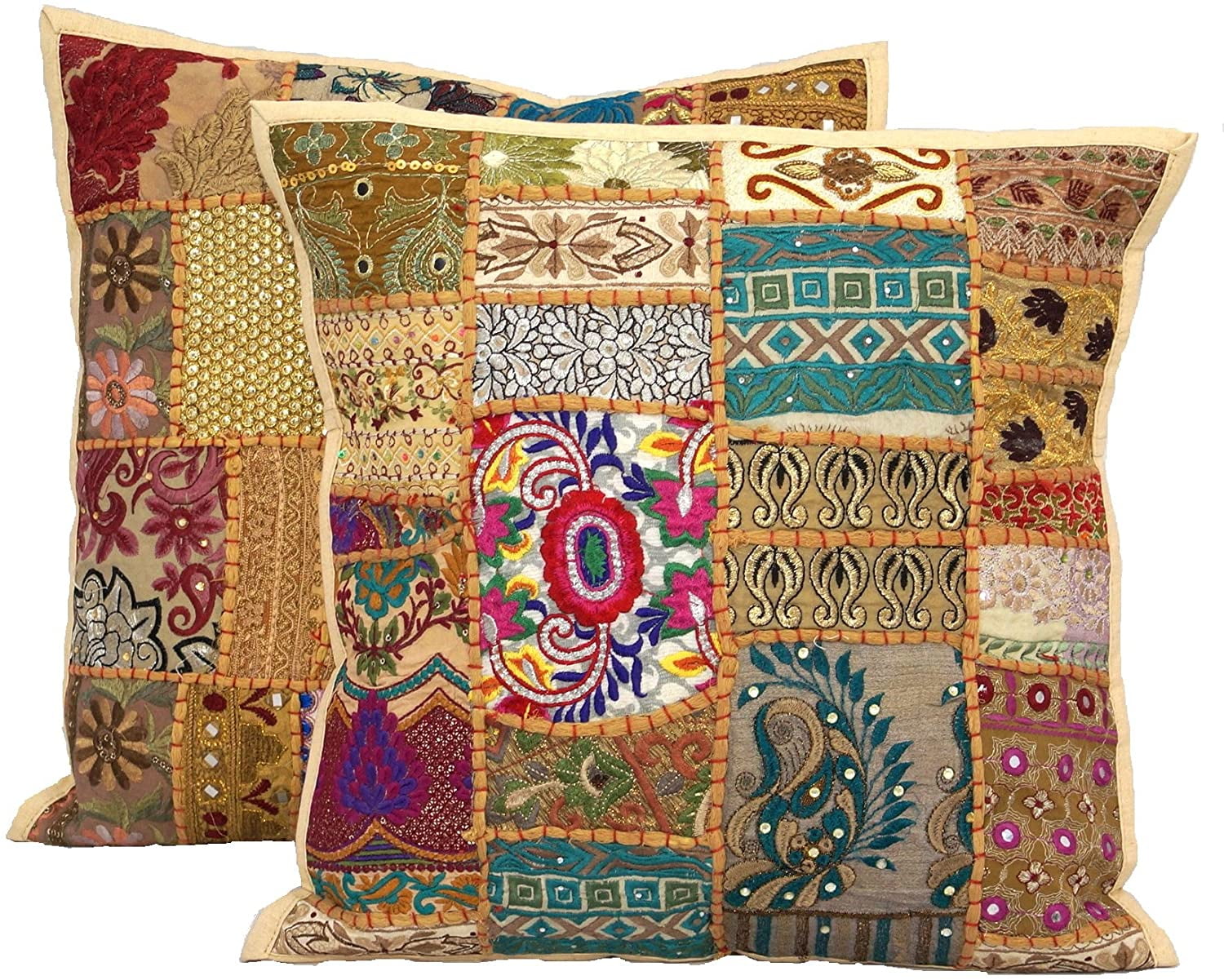 Indian Bohemian Decorative Sofa Throw Pillow Cover 16 Inch Cotton Patchwork Geometric Indian Square Couch Cushion Cover (Size - 40x40 cm ; Color: Beige )