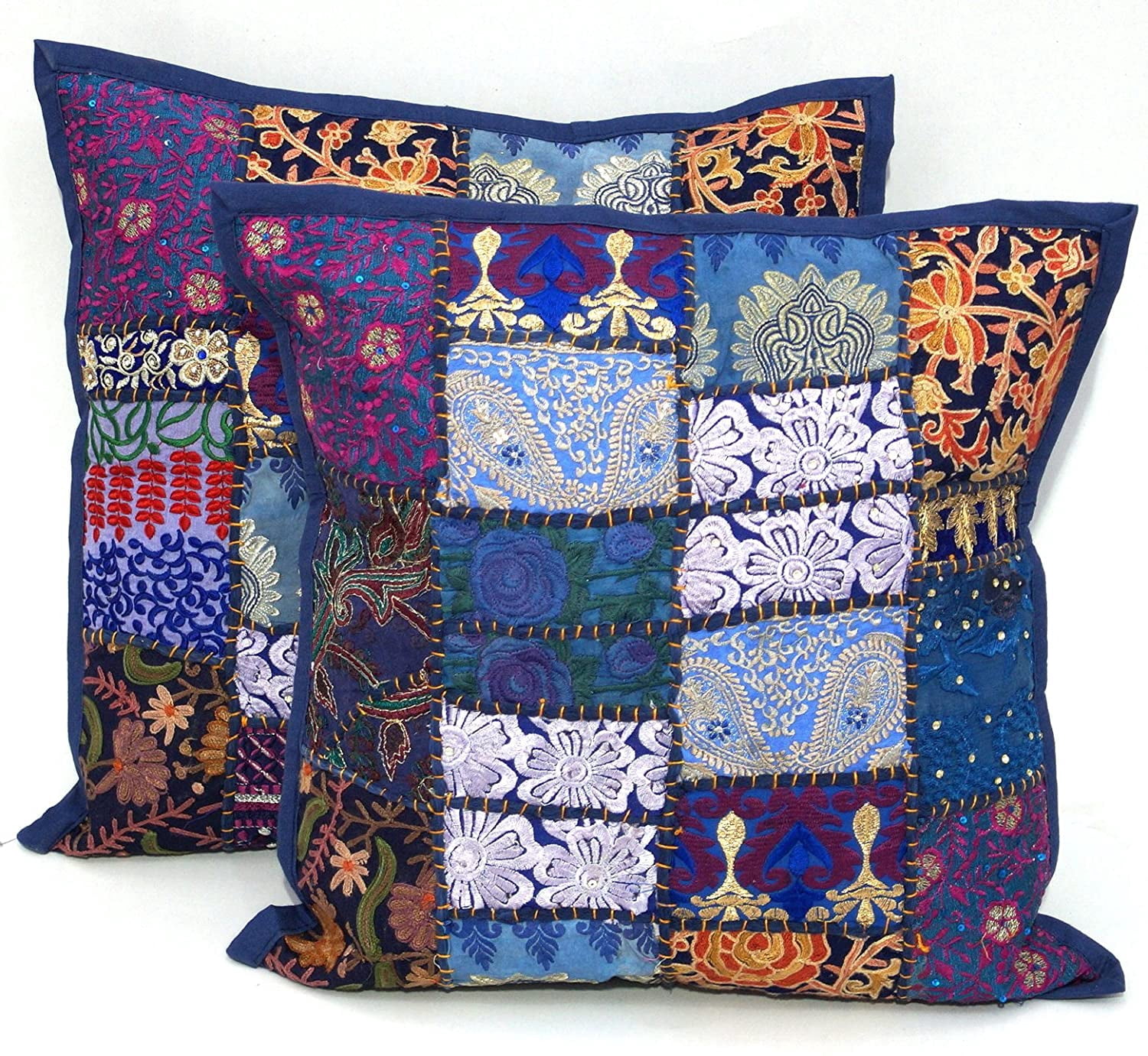 Indian Bohemian Decorative Sofa Throw Pillow Cover 16 Inch Cotton Patchwork Geometric Indian Square Couch Cushion Cover (Size - 40x40 cm ; Color: Blue )