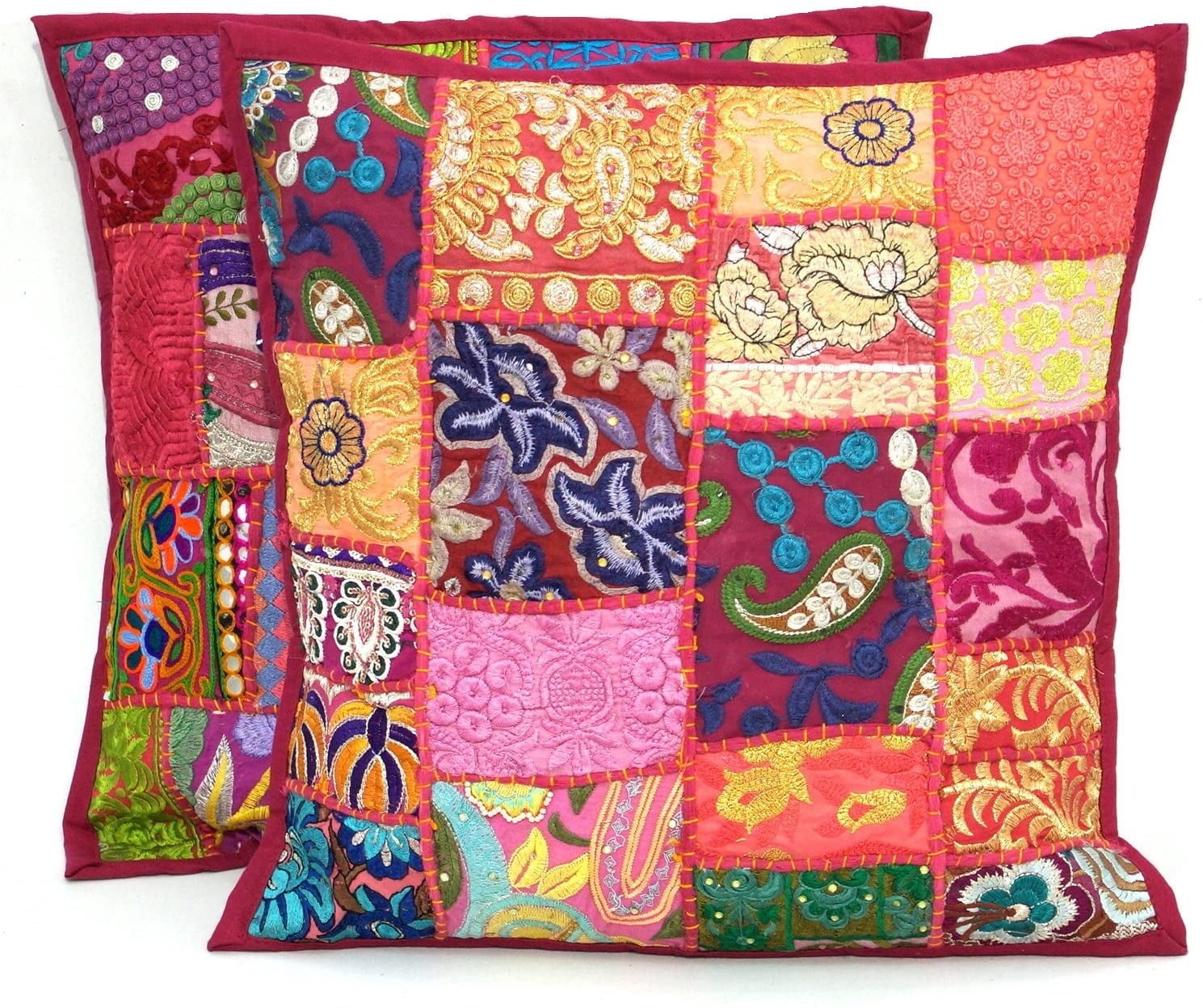Indian Bohemian Decorative Sofa Throw Pillow Cover 16 Inch Cotton Patchwork Geometric Indian Square Couch Cushion Cover (Size - 40x40 cm ; Color: Brown )
