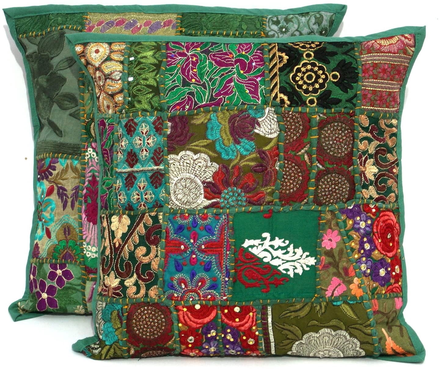 Indian Bohemian Decorative Sofa Throw Pillow Cover 16 Inch Cotton Patchwork Geometric Indian Square Couch Cushion Cover (Size - 40x40 cm ; Color: Green )