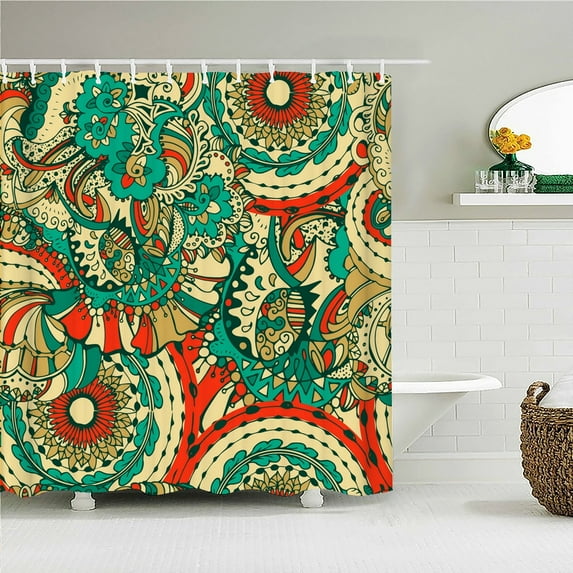 Indian Bohemian Fabric Shower Curtain Bathroom Curtains Boho Mandala Waterproof Fabric Bath Screen Bathtub Decor with 12