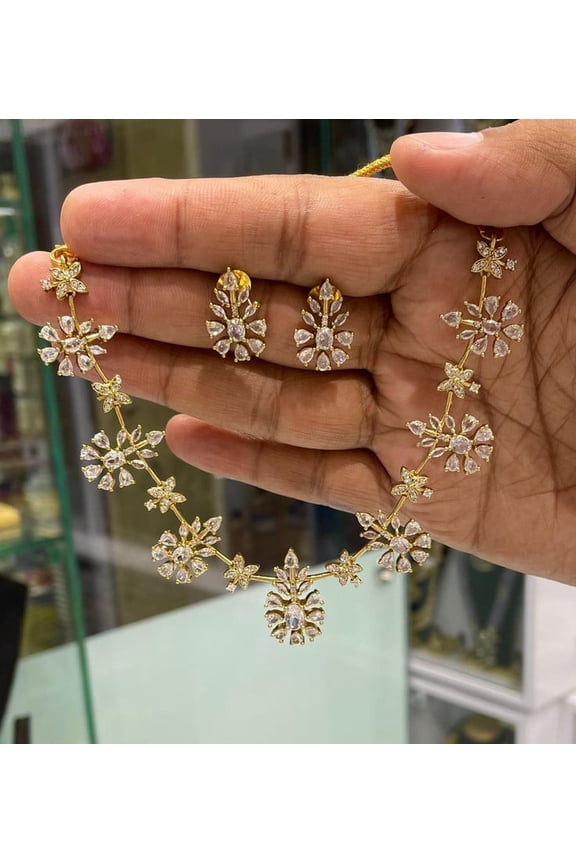 Indian Bollywood Bridal Jewelry Set Ethnic AD Gold Plated CZ White Necklace & Earrings