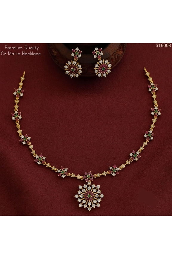 Indian Bollywood Bridal Jewelry Set - Gold Plated AD CZ Short Necklace with Halo Stud Earrings for Women