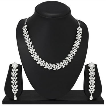 Indian Bollywood Fashion Style Silver Plated Rhinestone Choker Necklace Earrings Set