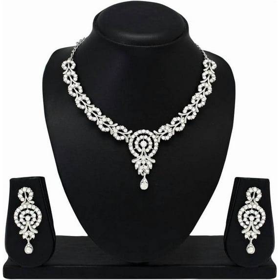 Parshwa Creations Statement Silver, Rhinestone Mixed Piece Jewelry Sets, Silver Plated, 3-Piece Set