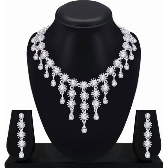 Indian Bollywood Fashion Style Silver Plated Rhinestone Wedding & Engegment Necklace Earrings Tikka Set