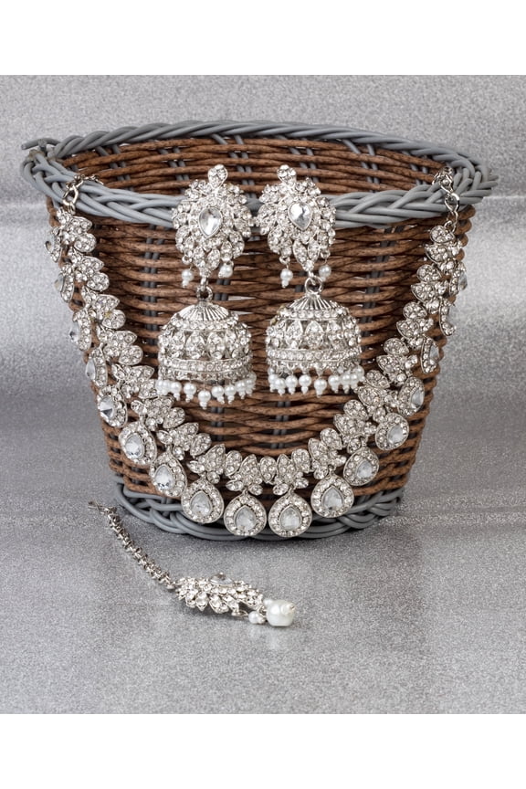 Silver Plated Kundan Rhinestone Choker Necklace Jewelry Set, Silver-Plated, Includes Earrings and Tikka