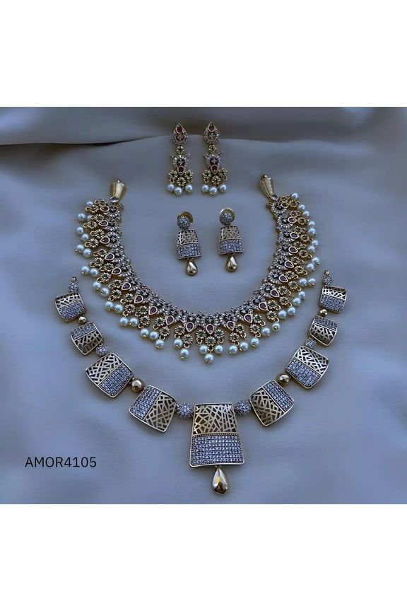 Indian Bollywood Gold Plated AD Choker Bridal Necklace & Earrings Jewelry Combo Set of 2 - Cubic Zirconia White Pearl Ruby Bridal Set & Rose Gold Plated Slim Choker with Diamond Stones