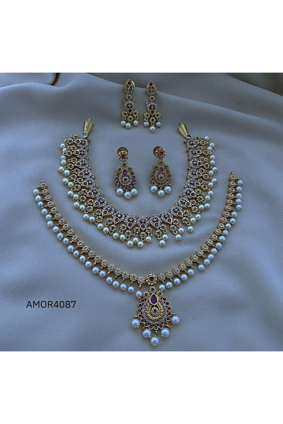 Indian Bollywood Gold Plated AD Choker Bridal Necklace Earrings Jewelry Set Combo 2- South Indian Bridal Choker with Cubic Zirconia Pearl Ruby Pakistani Wedding Party Wear Gold Plated CZ Necklace Set