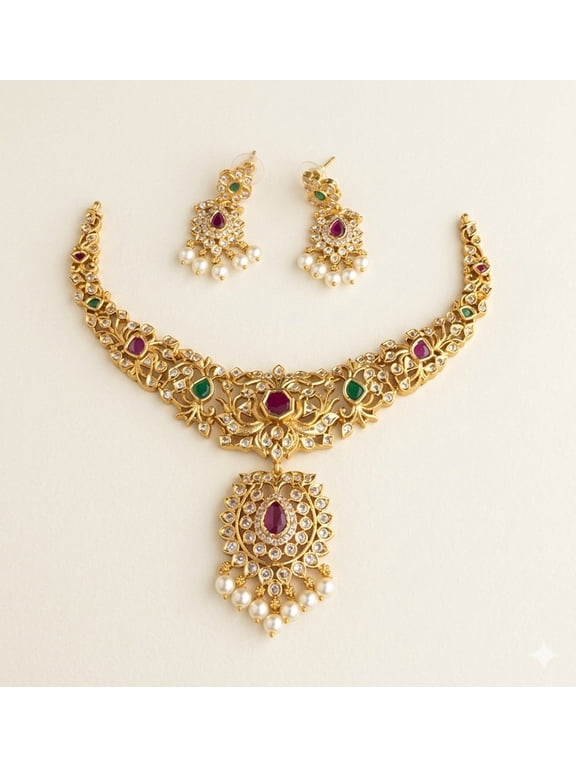 Indian Bollywood Jewelry Set Ethnic Gold Plated Necklace & Earrings - Green Ruby CZ Stone Bridal Jewelry Short Necklace