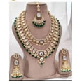 thumbnail image 1 of Indian Bollywood Pakistani Gold-Plated Kundan Necklace Set – White Stones Green Kundan Beads Matching Jhumka Earrings & Maangtika Bridal Jewelry, 1 of 1