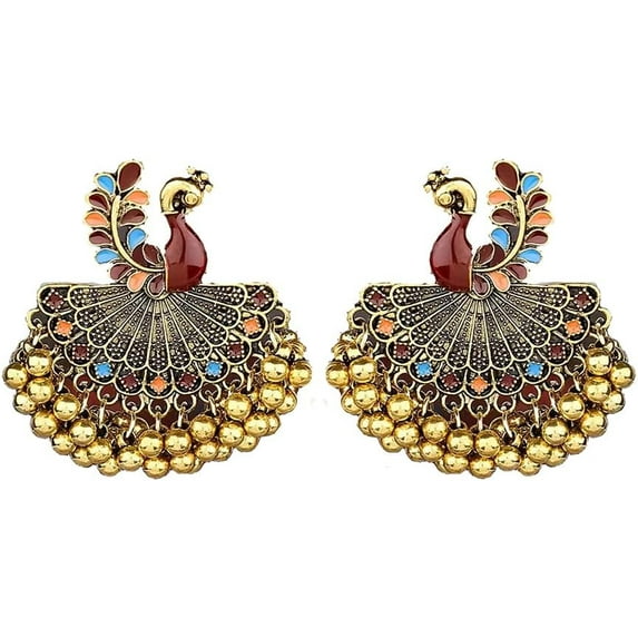 Indian Bollywood Peacock Traditional Ethnic Jhumka Jhumki Earring Boho Gypsy Tribal Beaded Mexican Style Bohemian Beads Tassel Dangle Statement Wedding Party Bollywood ewelry Gift for Women