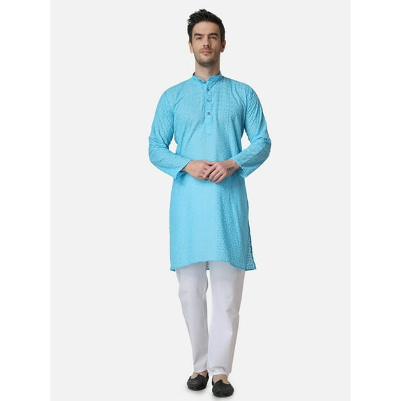 Indian Bollywood Style Designer Mens Cotton Chikankari Kurta Pajama Set